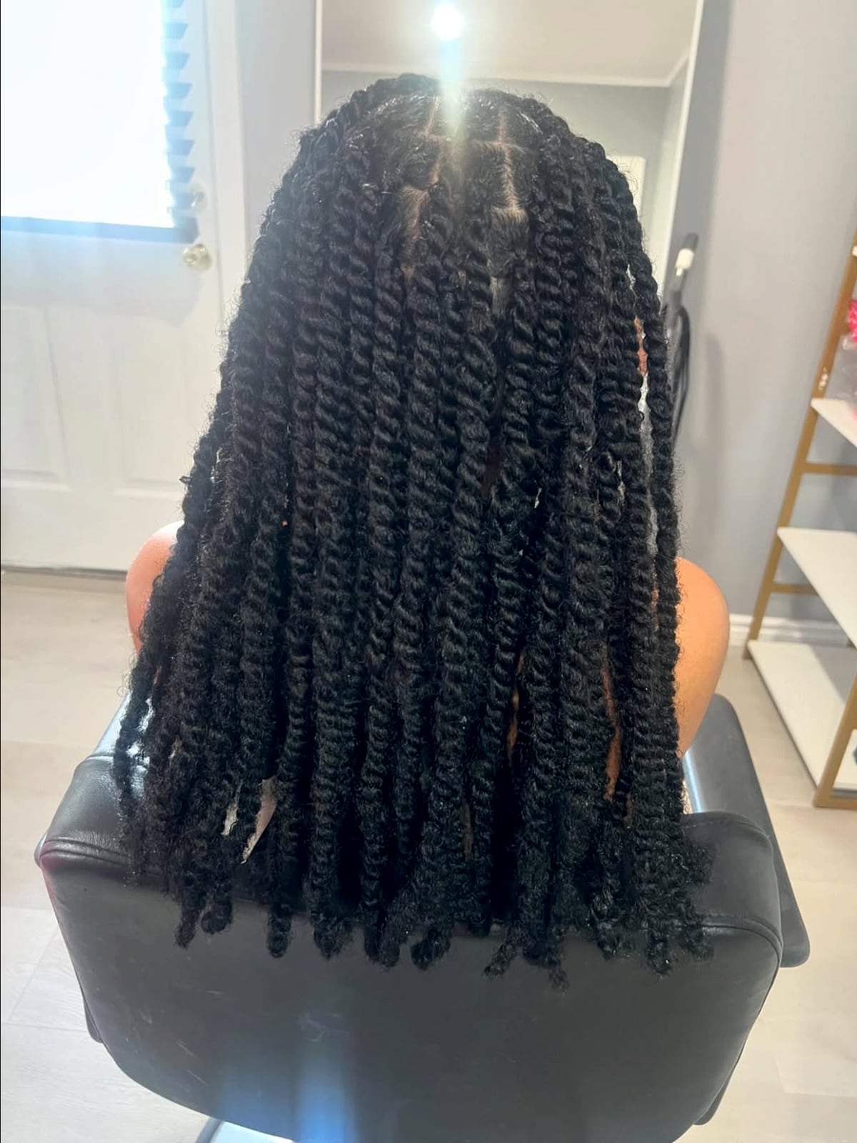 Full-length view of long dark twisted braids