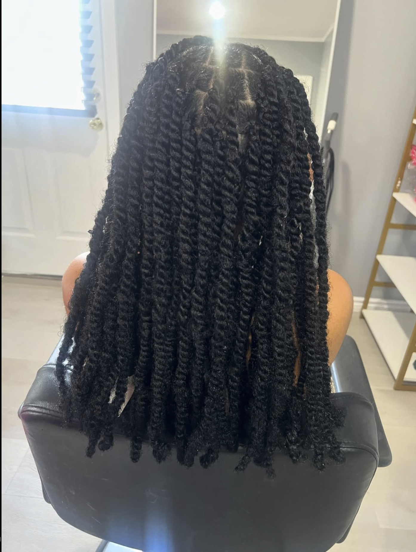 Full-length view of long dark twisted braids